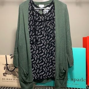 Hunter green cardigan and leaf top